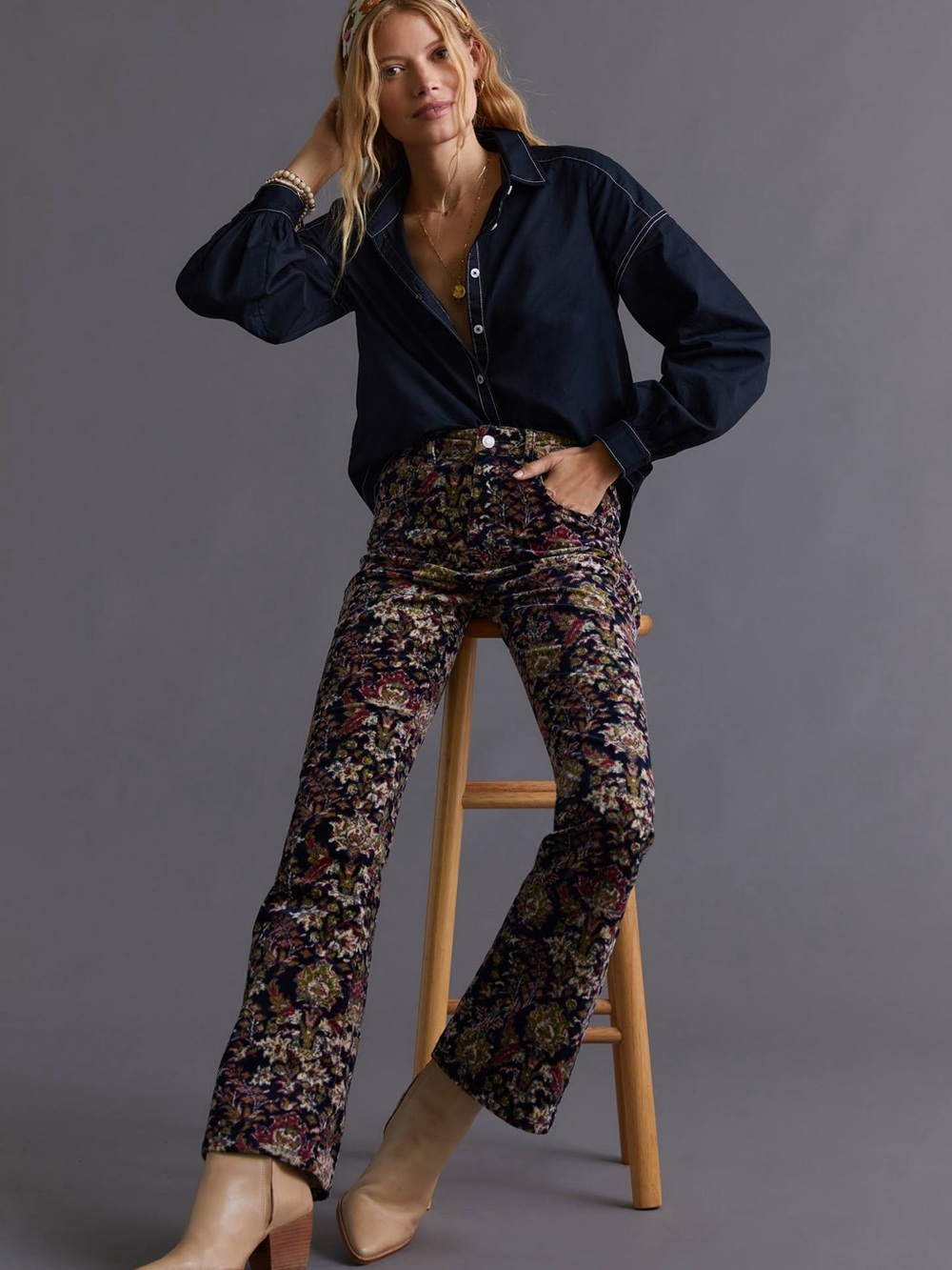 Anthropologie Pilcro Icon Flare Printed Corduroy Trousers Size 28